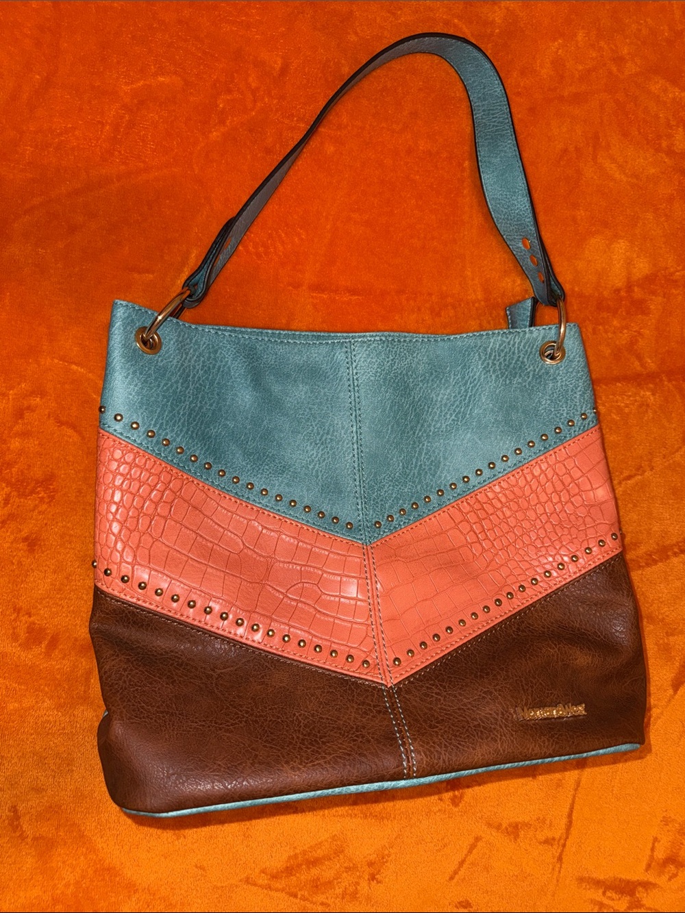 Montana West Tri-Color Faux Leather Shoulder Bag in Teal, Coral & Brown